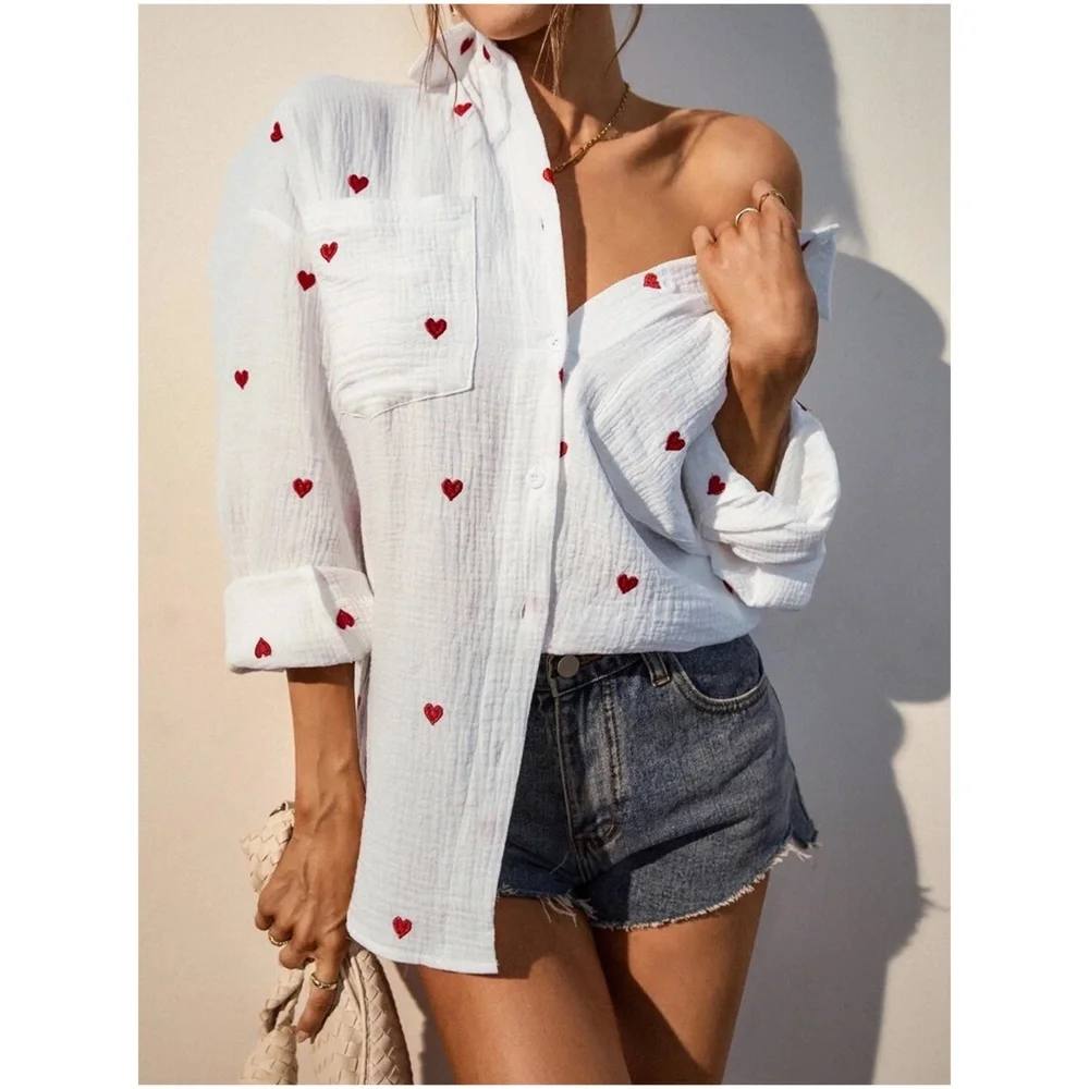 019 Cozy White Hearts Button Down Oversized Shirt - Picture 7 of 9
